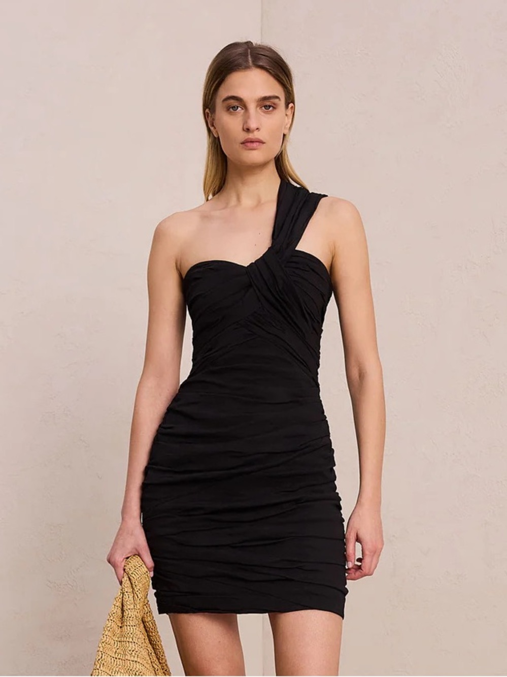 NWT A.L.C. Apollo Dress Black Linen One Shoulder Ruched Mini Cocktail Size 0